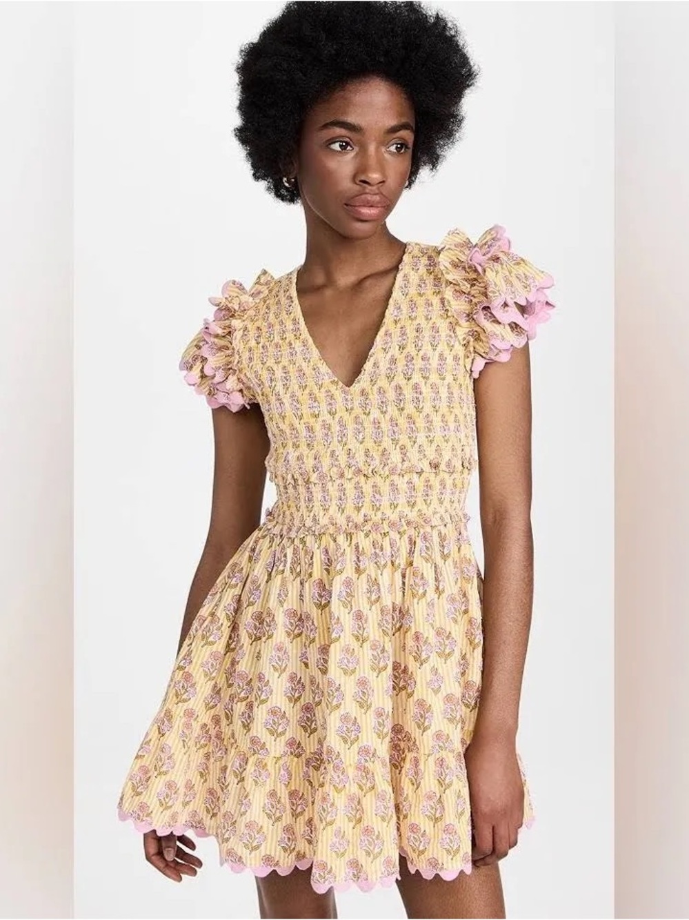 Saylor Yellow Floral Smocked Mini Dress with Pink Trim